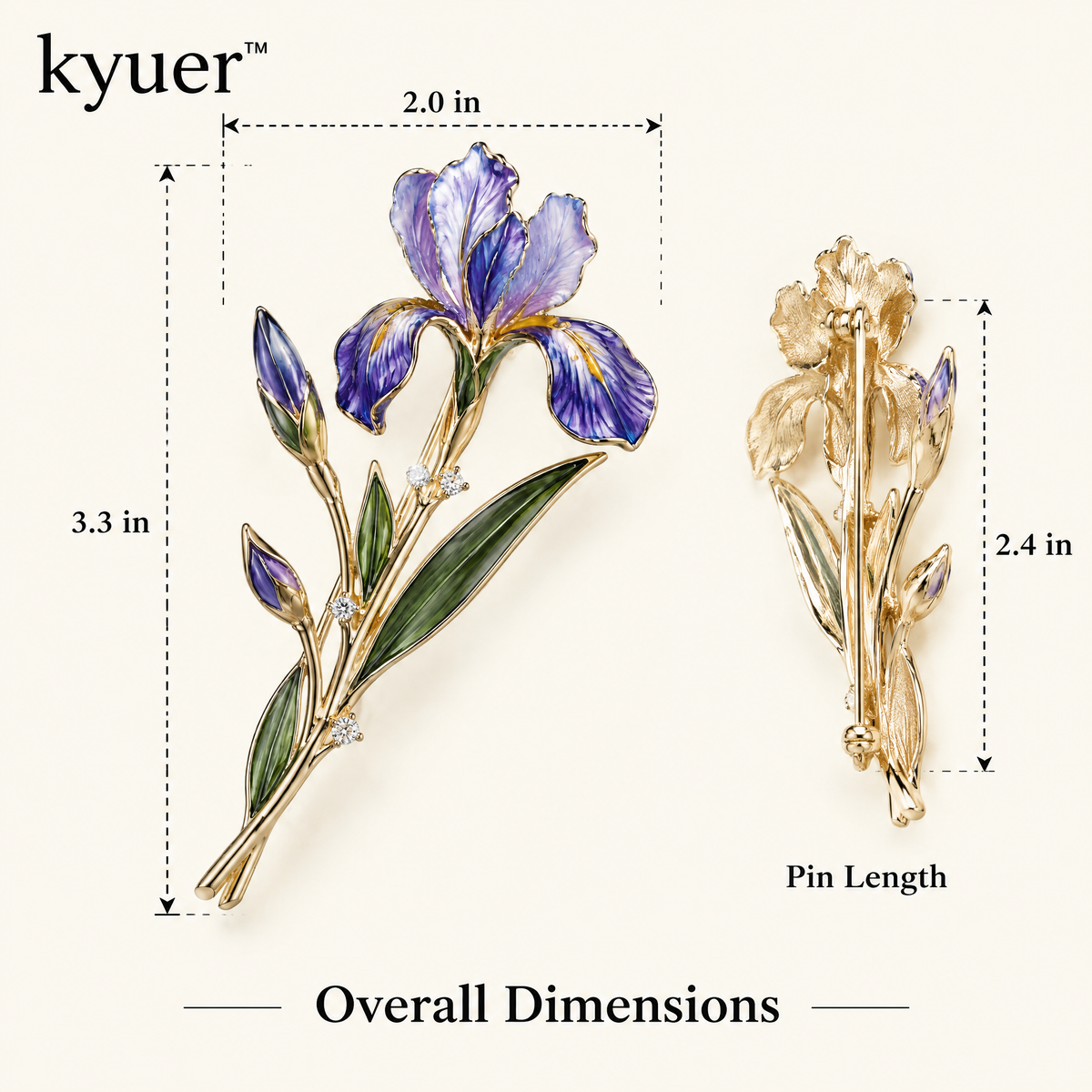 kyuer™ Iris Botanical Brooch - size